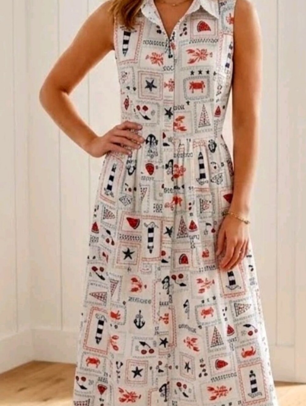 Serra Americana Dress Nautical Print Sz S Preppy Summer Crabs Sun Ocean NWT